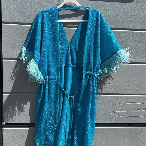 Blue Glitter Kaftan with Feather Trim - BRAND NEW - One Size - Glitter Cover Up - Picture 4 of 4